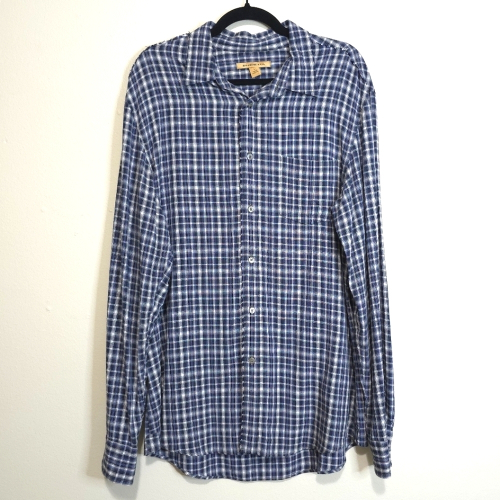 John Varvatos Men's Casual Blue White Plaid Classic Button Down Shirt Large